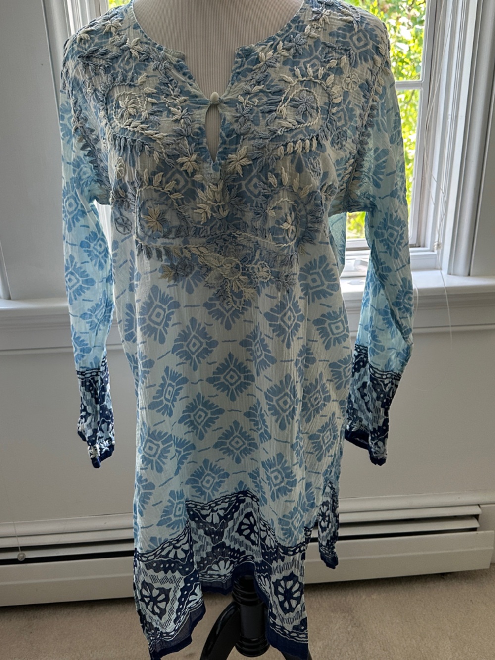 Raj Light Blue and Navy Embroidered Floral Tunic